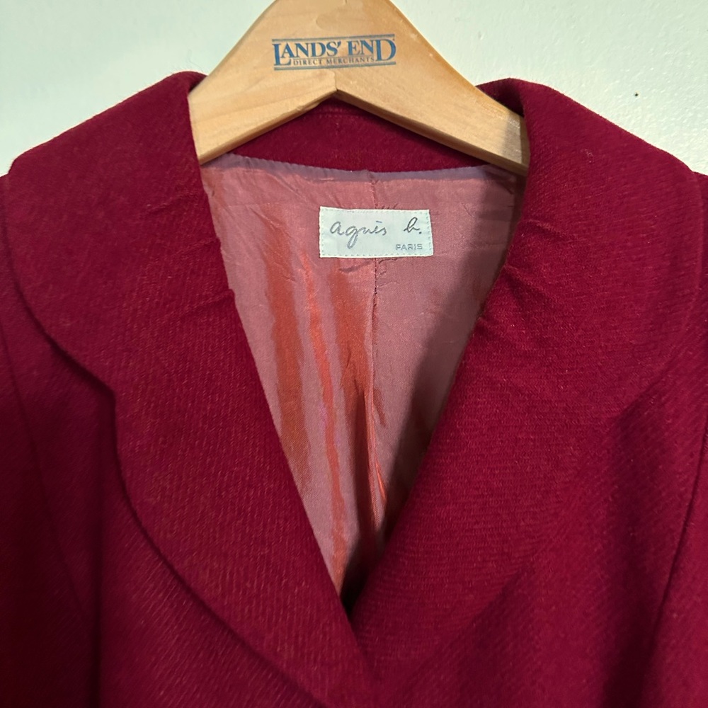 Vintage Agnes B maroon wool blazer with scalloped collar and slash pockets